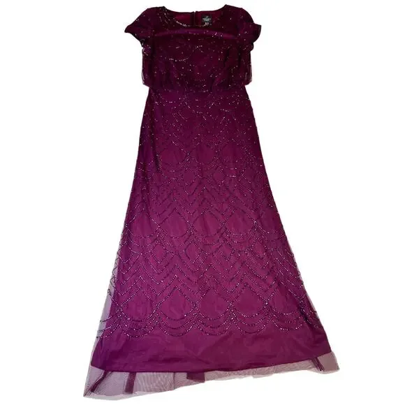 Adrianna Papell Beaded Sheer Overlay Evening Gown Cassis Wine Burgundy Women’s 6 - Picture 3 of 16